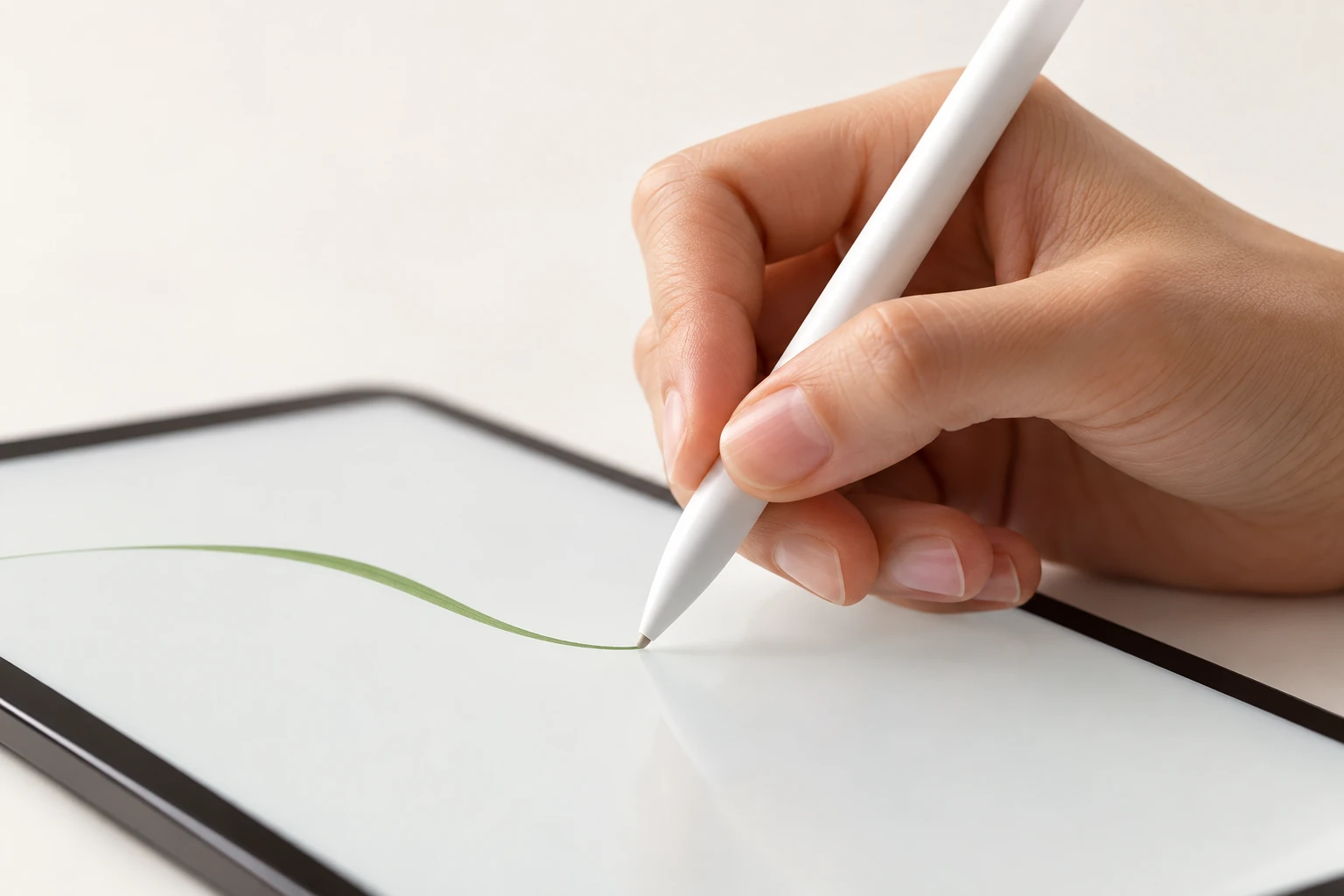 Close-up of a hand drawing a green line on a pale tablet screen with a white stylus