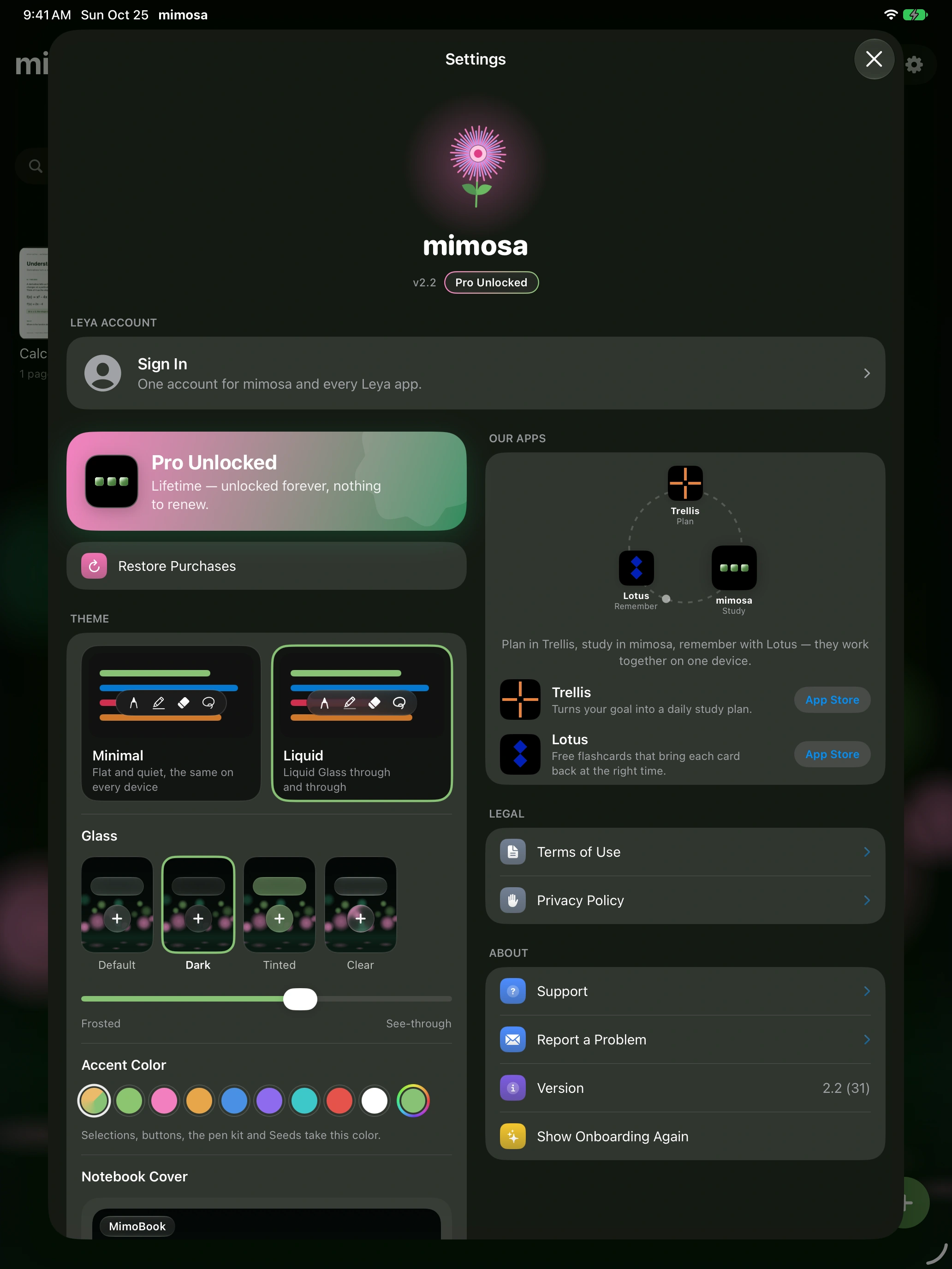 mimosa Liquid Glass settings with glass styles, transparency and accent color