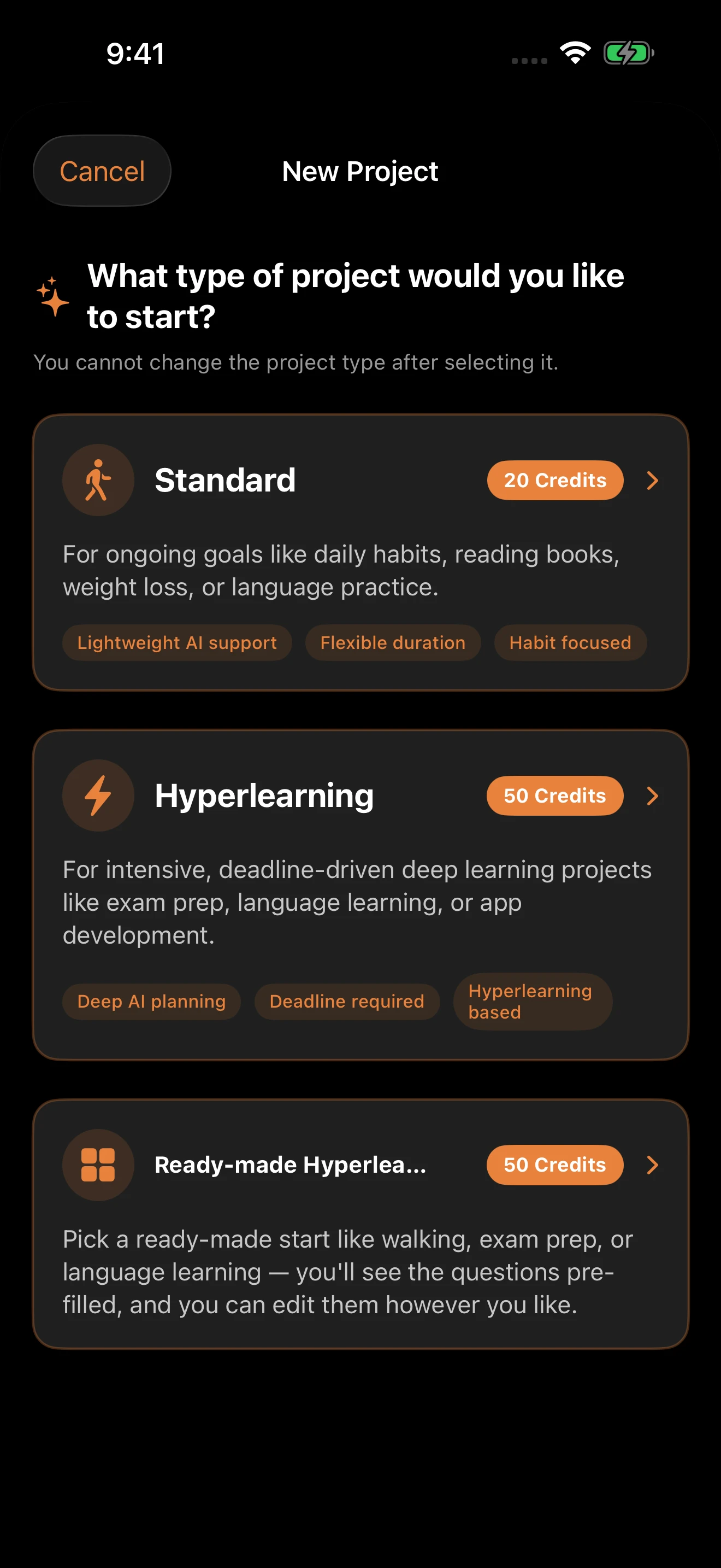 Choosing a goal type for a new Hyperlearning project.